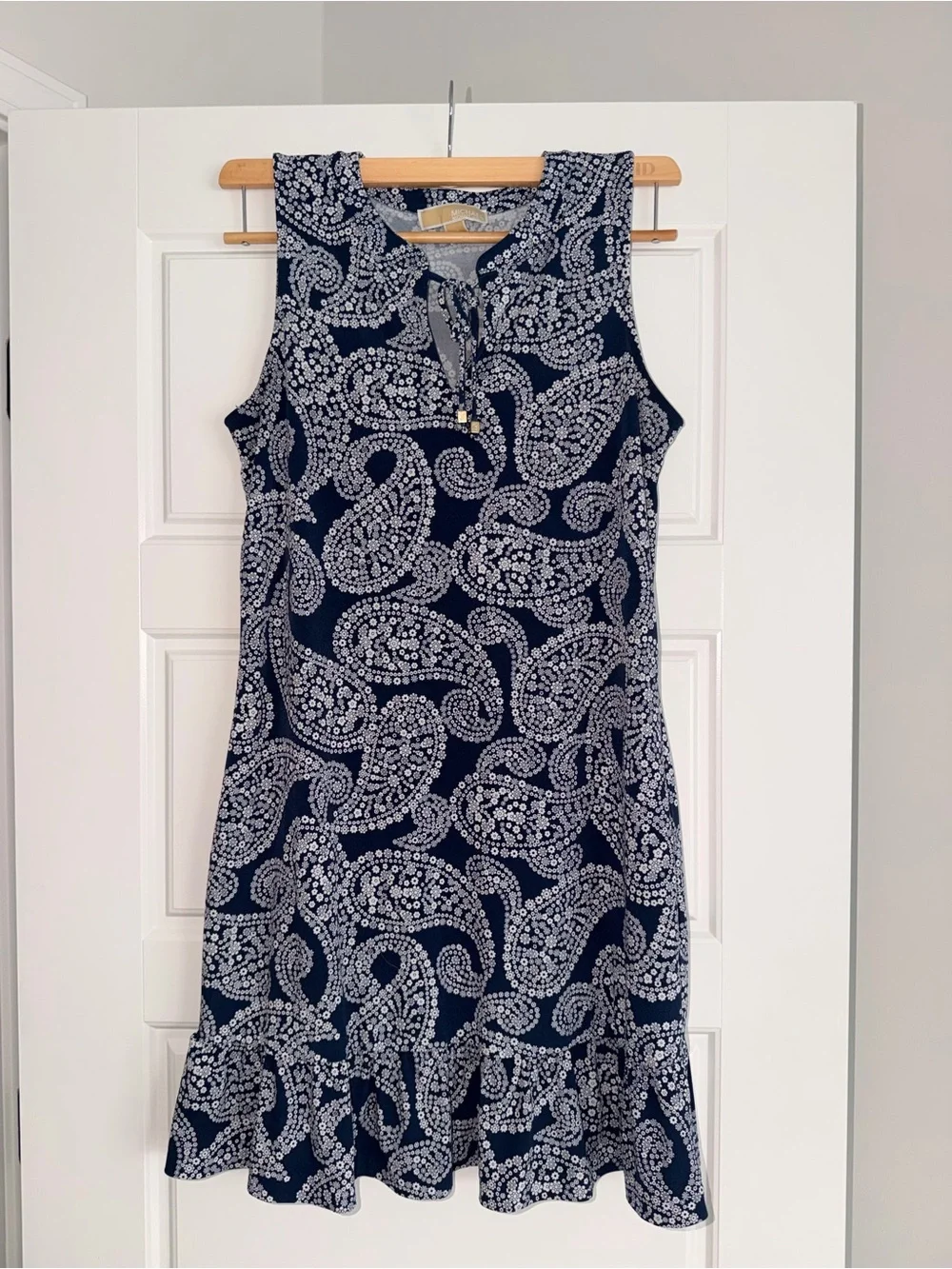 Michael Kors Navy and White Paisley Sleeveless Ruffle-Hem Dress